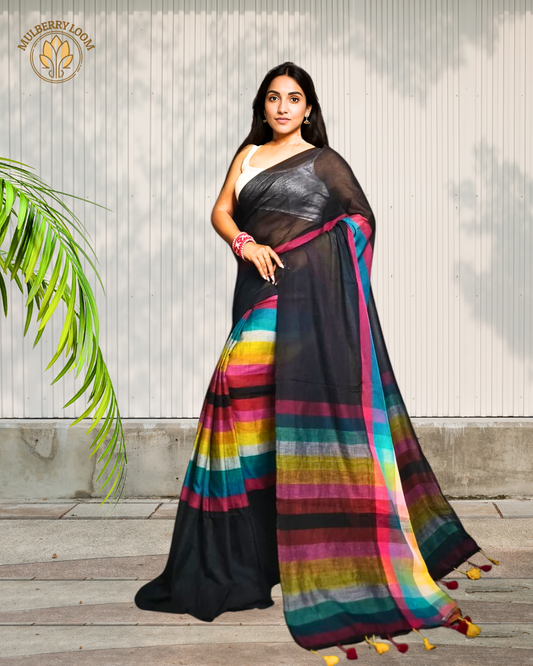 Vibrant Spectrum Black Multicolor Mul Cotton Saree