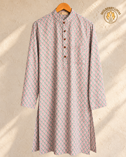 Tattva Grey & Crimson Handblock Printed Men's Long Kurta