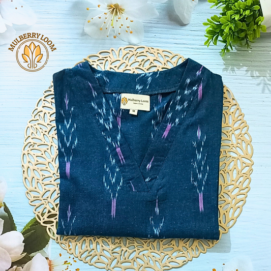 Blue Ikkat V-Neck Kurta