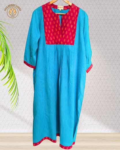 Exquisite Blue and Pink Hand Block Print Patch Kurta