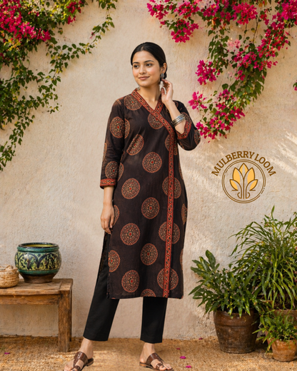 Ebony and Crimson Motif Ajrakh Handblock Print Kurta