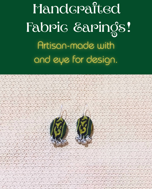 Green Yellow Oval Handcrafted Fabric Earrings