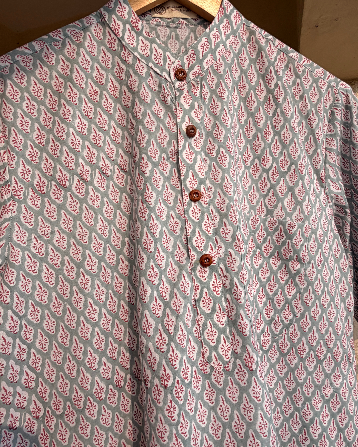Tattva Grey & Crimson Handblock Printed Men's Long Kurta