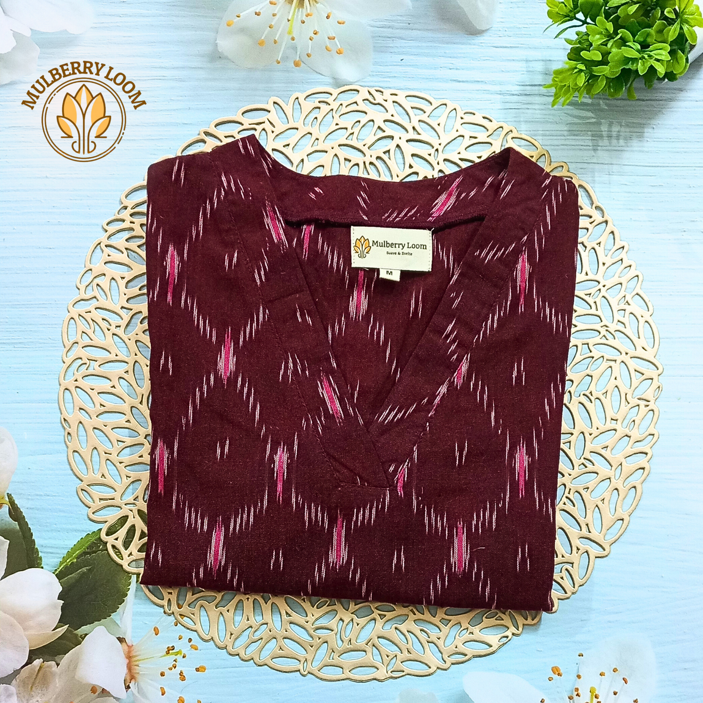 Maroon Ikkat V-neck Kurta