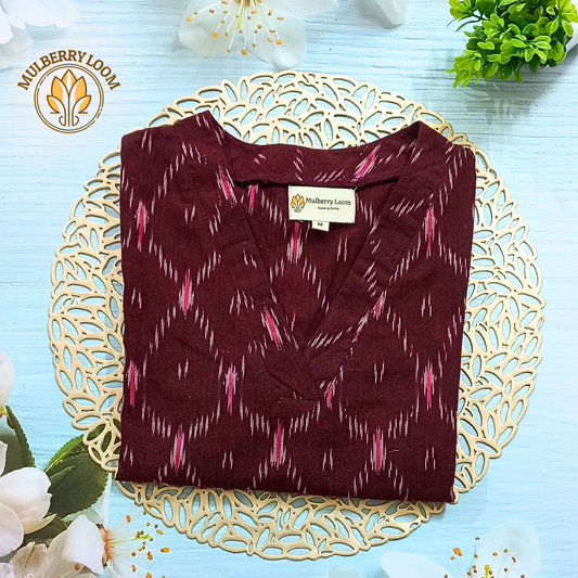 Maroon Ikkat V-neck Kurta
