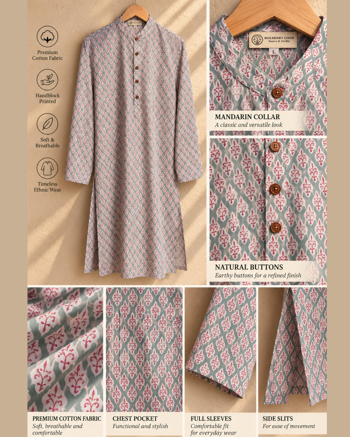 Tattva Grey & Crimson Handblock Printed Men's Long Kurta