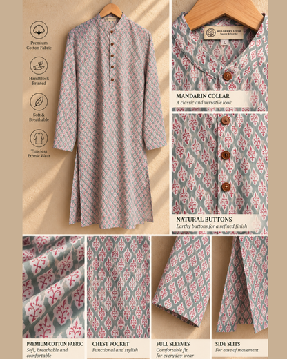 Tattva Grey & Crimson Handblock Printed Men's Long Kurta