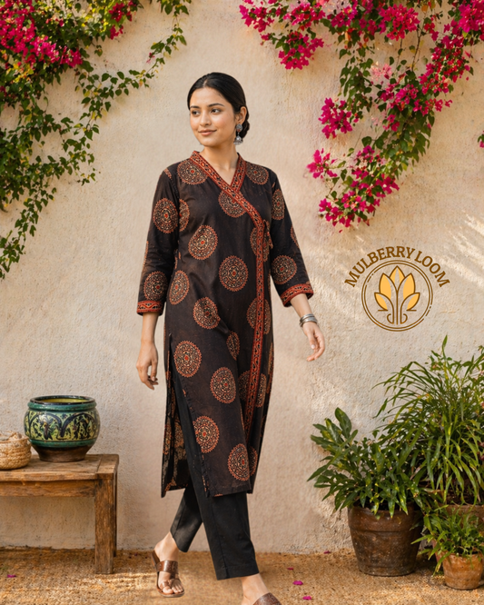 Ebony and Crimson Motif Ajrakh Handblock Print Kurta