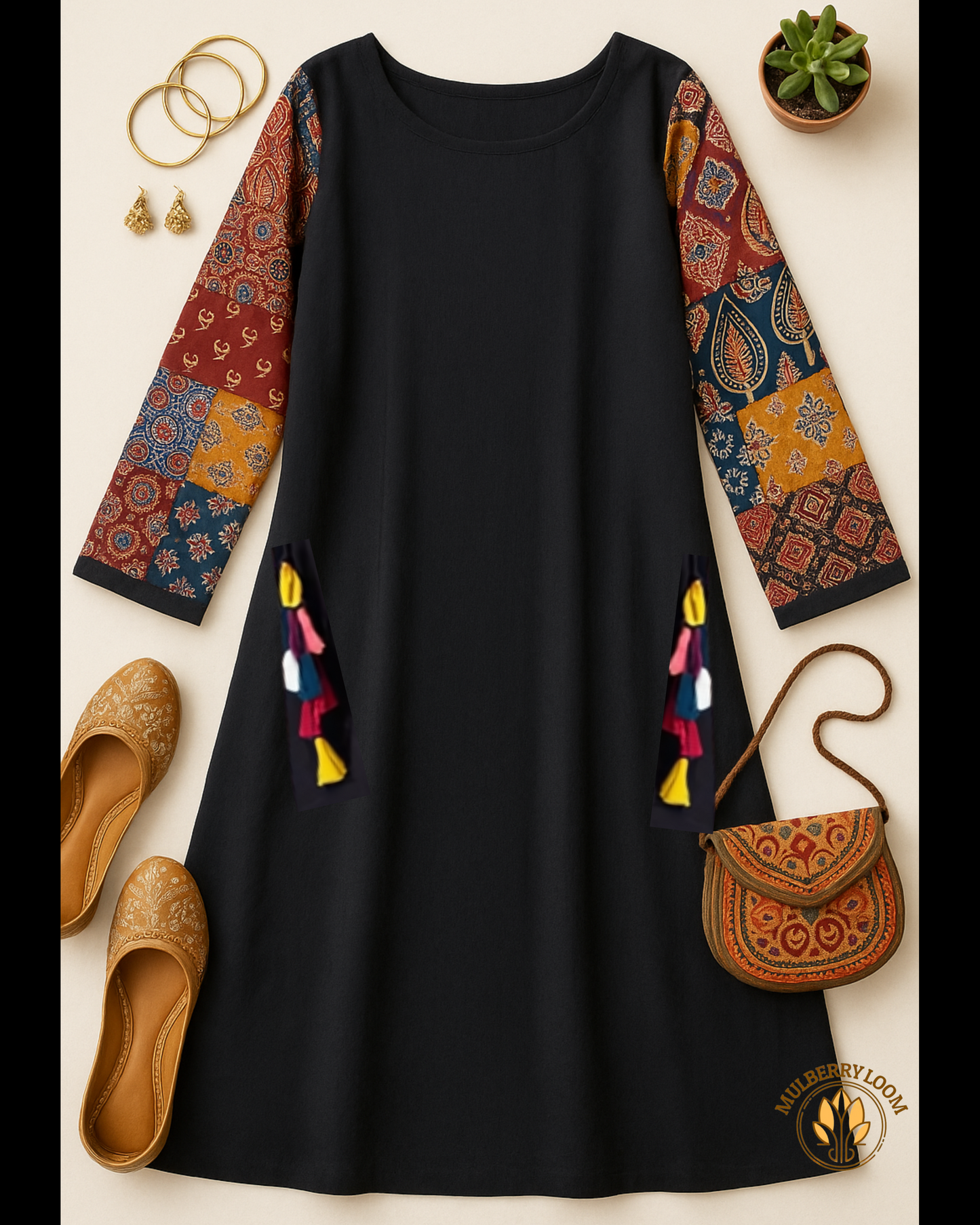Midnight Mosaic — Black Dress with Ajrakh Patchwork Sleeves