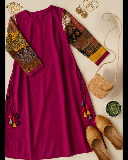 Midnight Mosaic — Plum Dress with Ajrakh Patchwork Sleeves