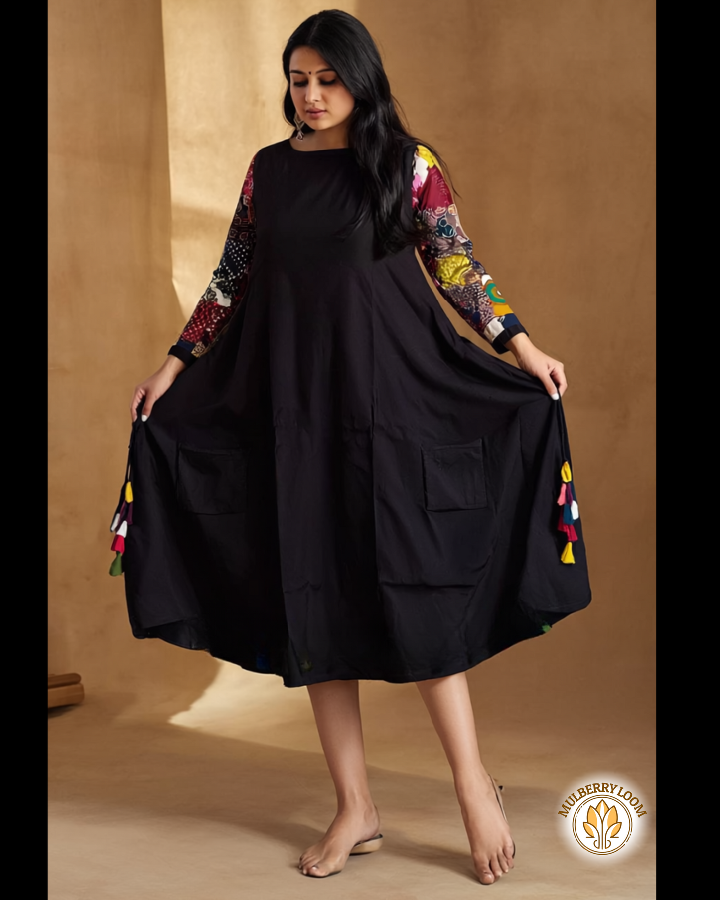 Midnight Mosaic — Black Dress with Ajrakh Patchwork Sleeves