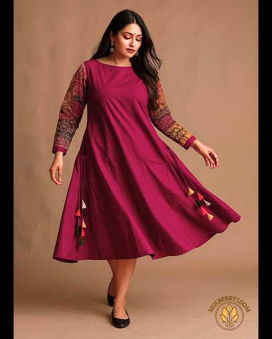 Midnight Mosaic — Plum Dress with Ajrakh Patchwork Sleeves