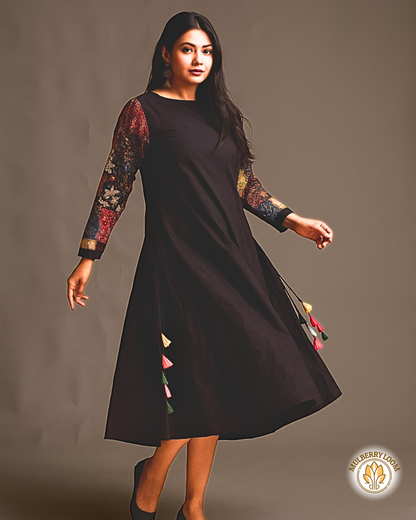 Midnight Mosaic — Black Dress with Ajrakh Patchwork Sleeves
