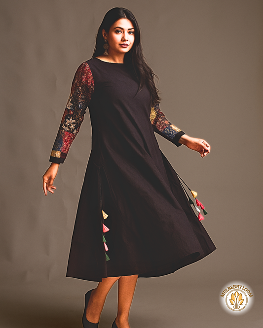 Midnight Mosaic — Black Dress with Ajrakh Patchwork Sleeves