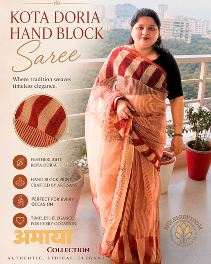 Amaya Crimson and Beige Handblock Print Saree