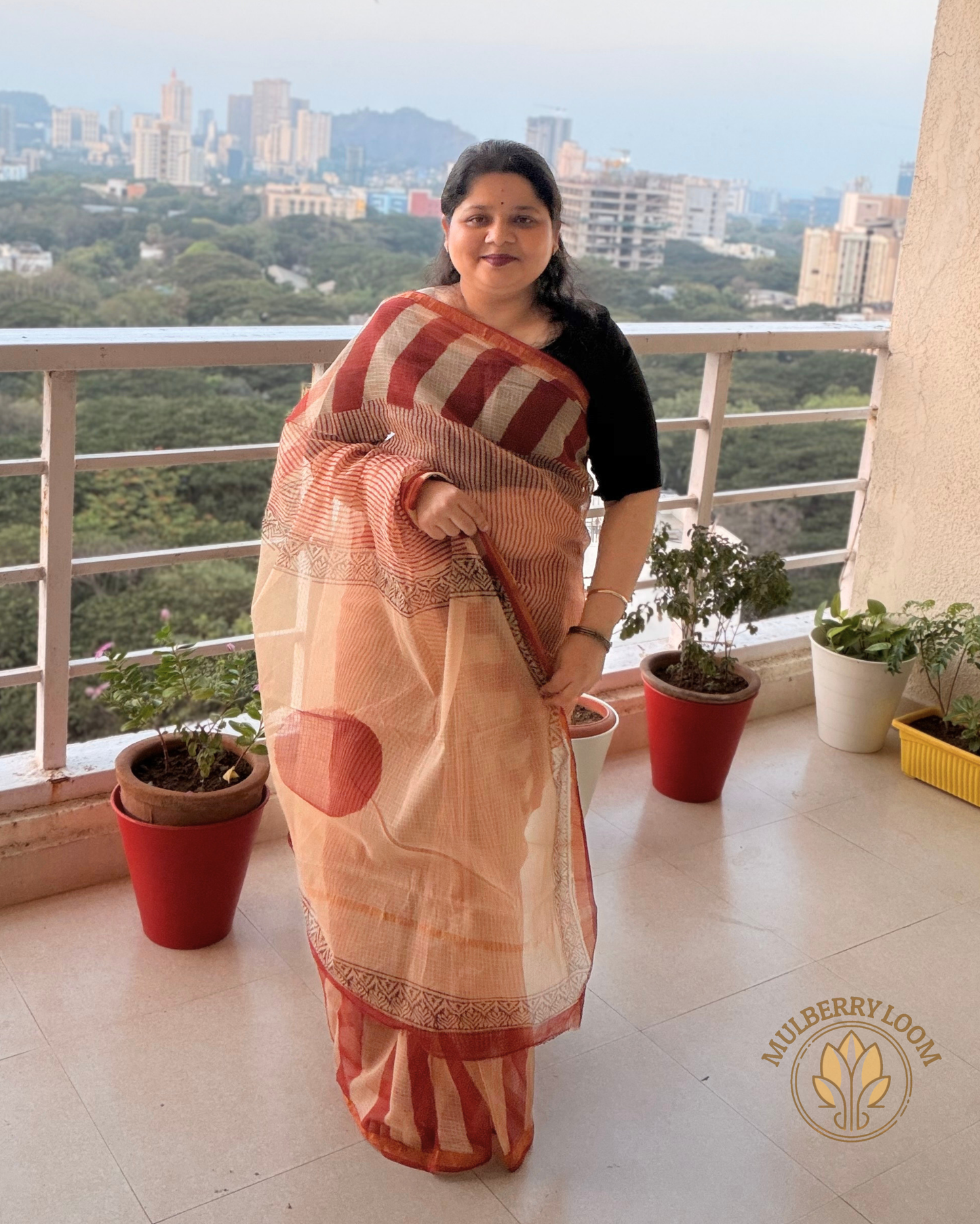 Amaya Crimson and Beige Handblock Print Saree