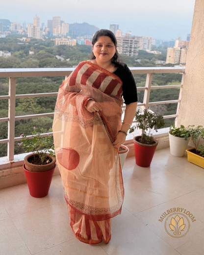 Amaya Crimson and Beige Handblock Print Saree