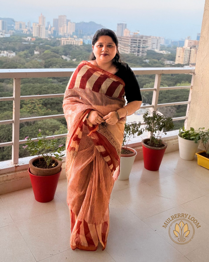 Amaya Crimson and Beige Handblock Print Saree