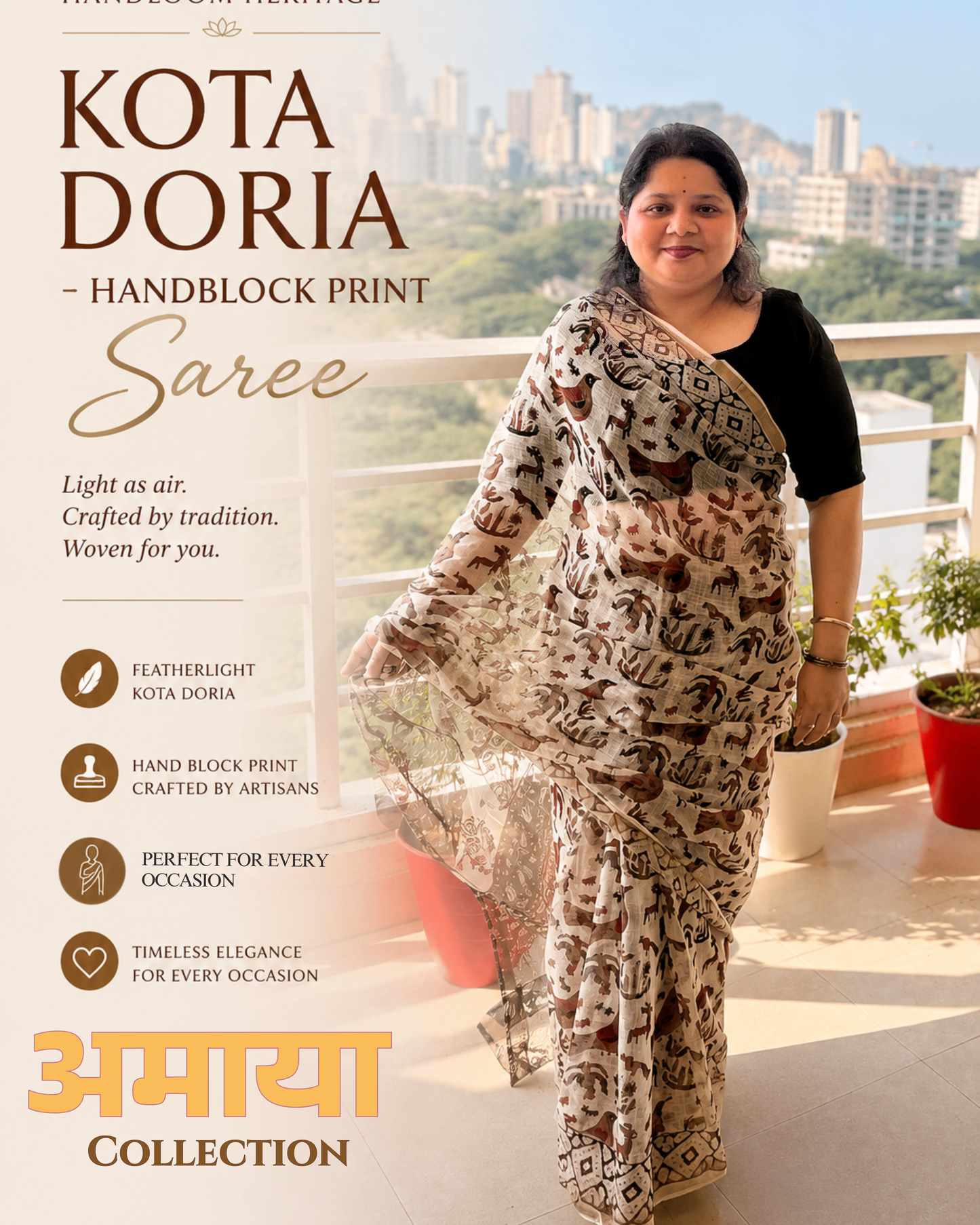 Amaya Earth and Ivory Handblock Print Saree
