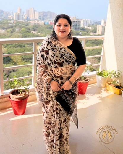 Amaya Earth and Ivory Handblock Print Saree