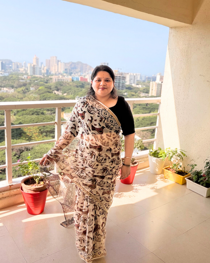 Amaya Earth and Ivory Handblock Print Saree