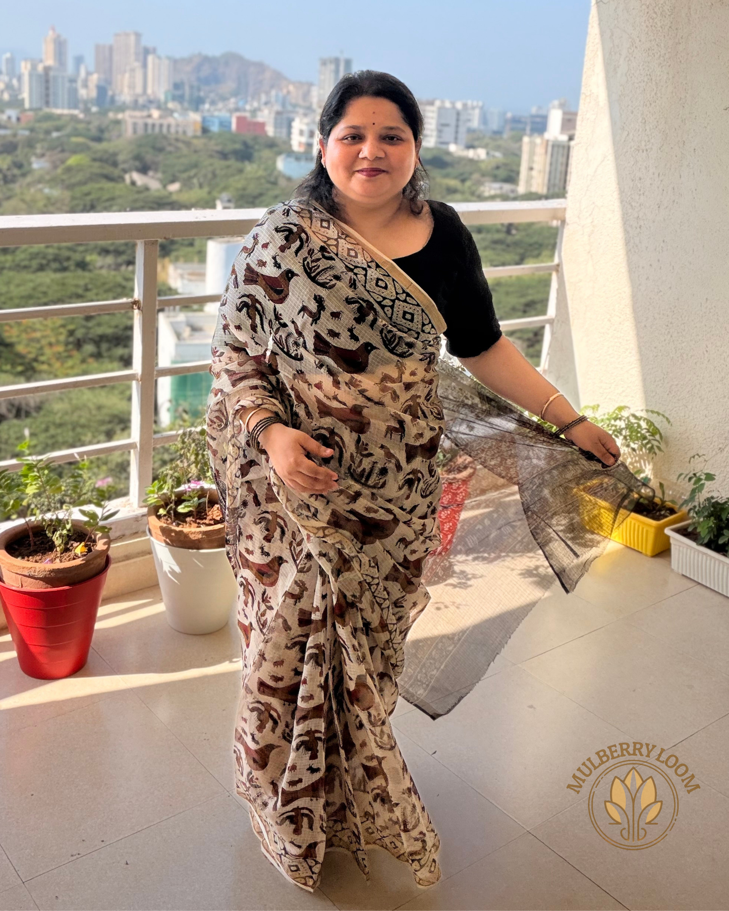 Amaya Earth and Ivory Handblock Print Saree