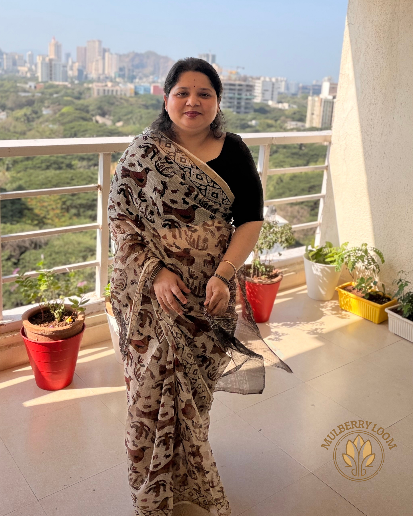 Amaya Earth and Ivory Handblock Print Saree