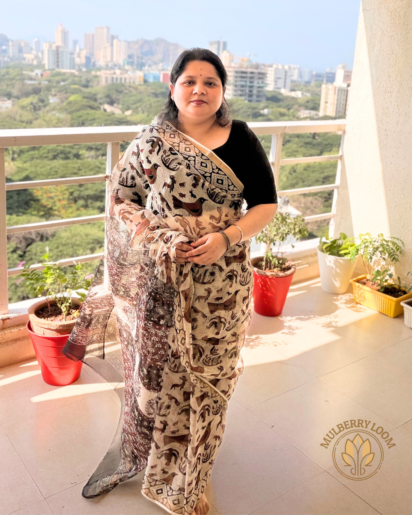 Amaya Earth and Ivory Handblock Print Saree