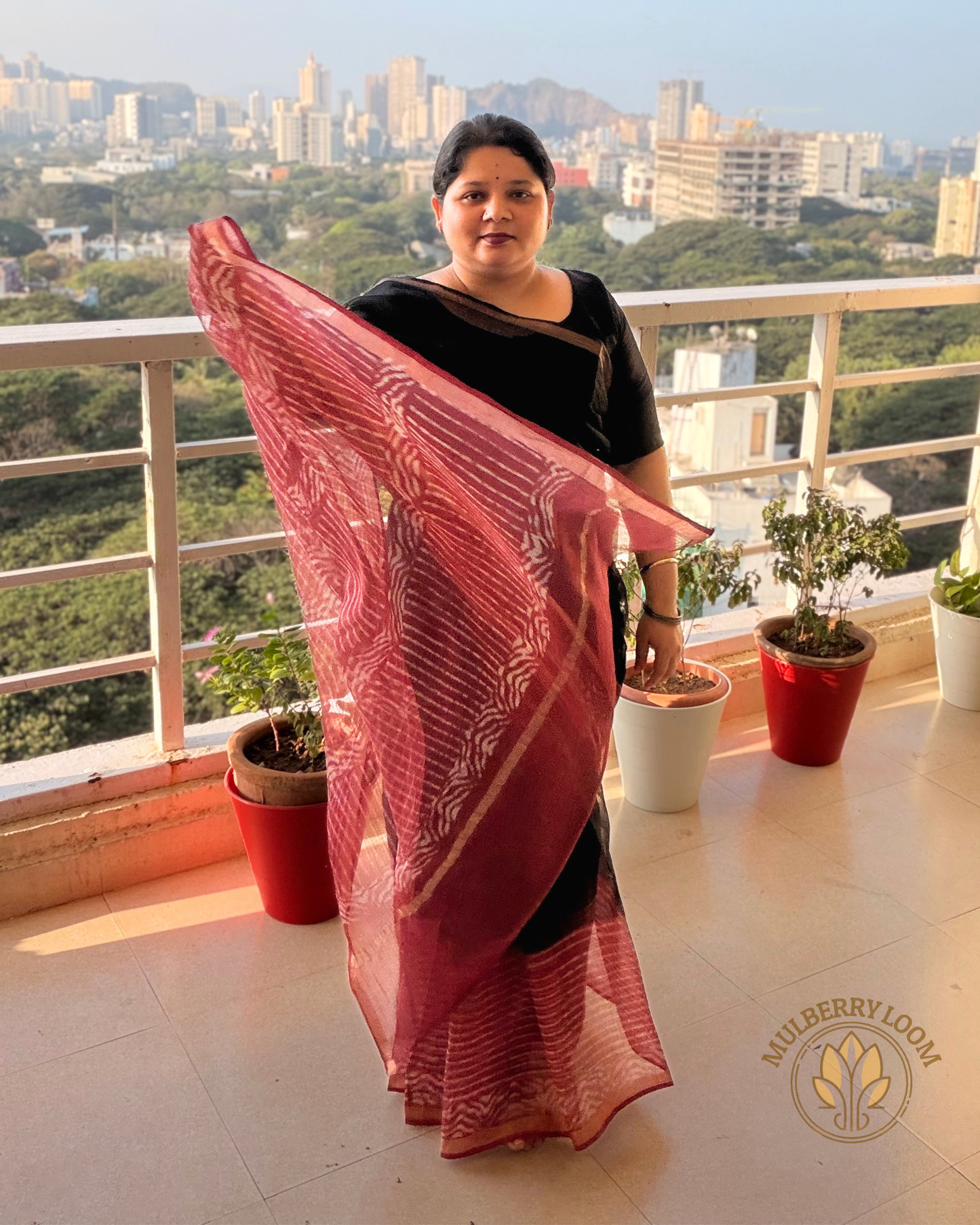 Amaya Black and Plum Handblock Print Saree