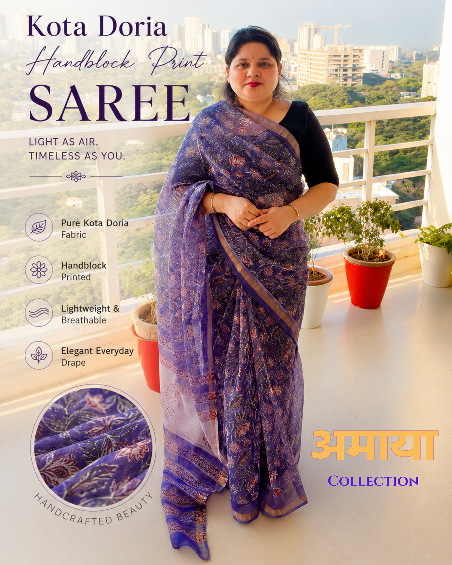 Amaya Amethyst Bloom Handblock Print Saree