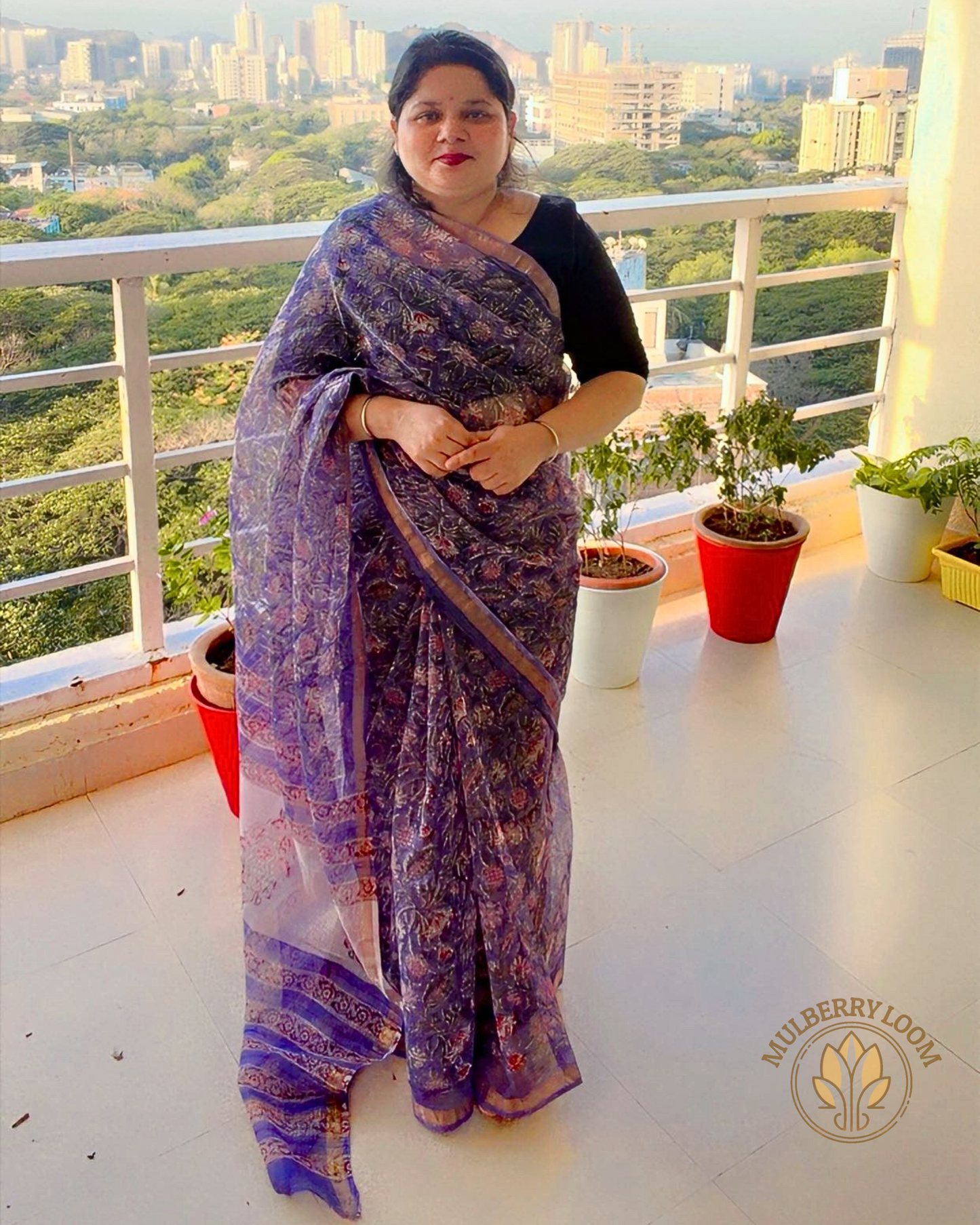 Amaya Amethyst Bloom Handblock Print Saree
