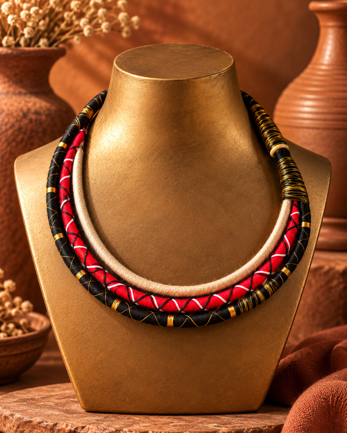 Nira Red and Black Handcrafted Thread Neckpiece