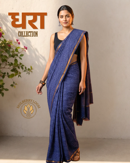 Dhara Indigo Handblock Printed Chanderi Saree
