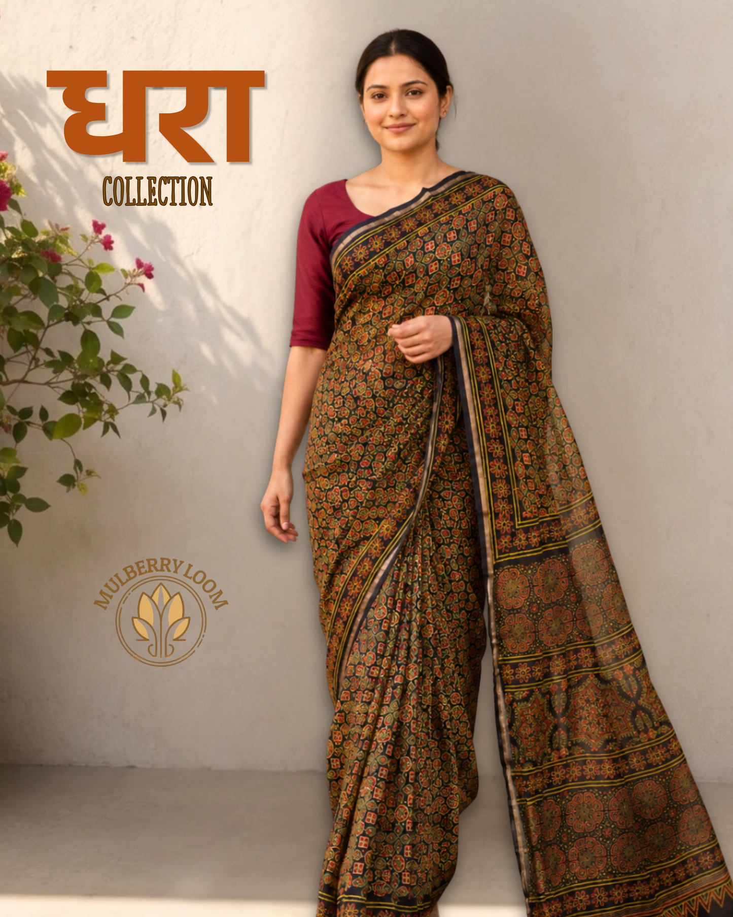 Dhara Green Ajrakh Handblock Printed Chanderi Saree