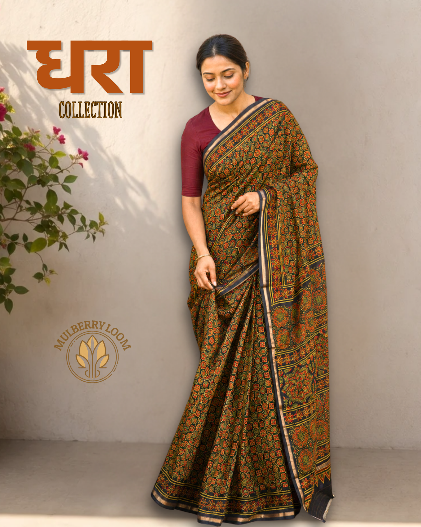 Dhara Green Ajrakh Handblock Printed Chanderi Saree