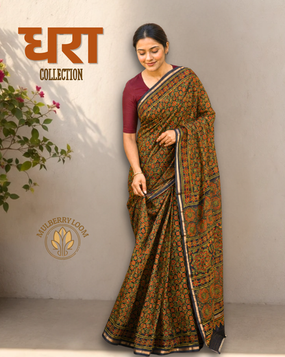 Dhara Green Ajrakh Handblock Printed Chanderi Saree