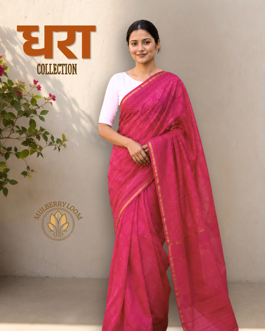 Dhara Pink Bagru Handblock Printed Chanderi Saree