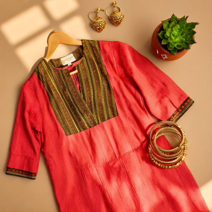 Exquisite Red and Dark Green Hand Block Print Patch Kurta