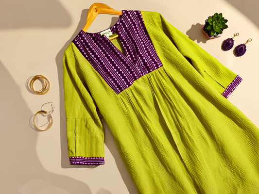 Exquisite Lime Green and Purple Hand Block Print Patch Kurta