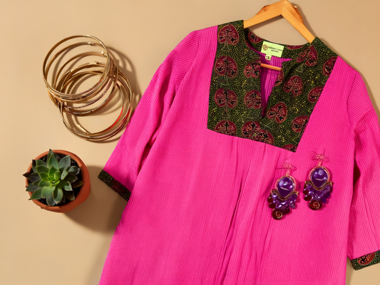 Exquisite Pink and Dark Green Hand Block Print Patch Kurta