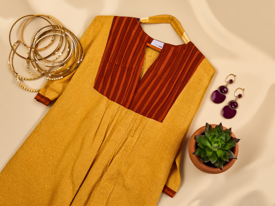 Exquisite Yellow and Red Hand Block Print Patch Kurta