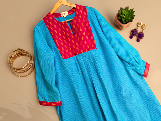 Exquisite Blue and Pink Hand Block Print Patch Kurta