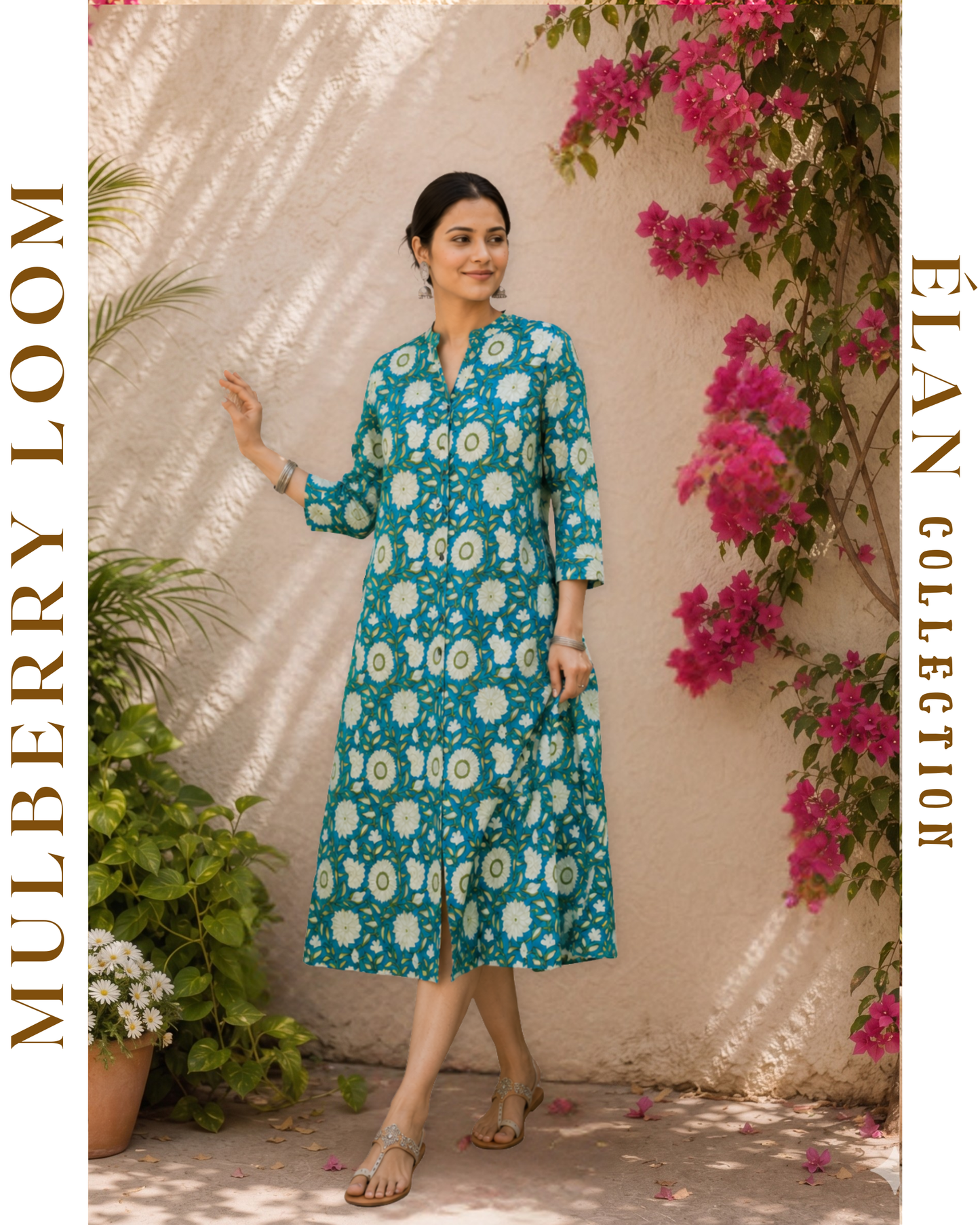 Élan Turquoise blue with Off-white Floral Motifs A-Line Dress