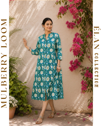Élan Turquoise blue with Off-white Floral Motifs A-Line Dress