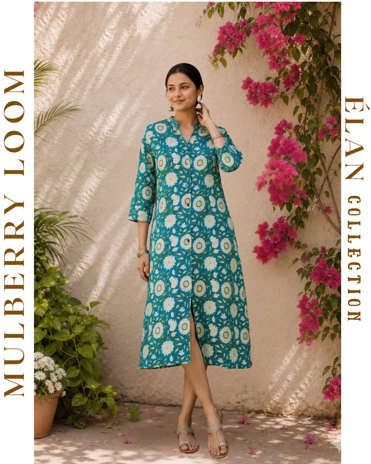 Élan Turquoise blue with Off-white Floral Motifs A-Line Dress