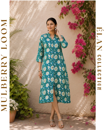 Élan Turquoise blue with Off-white Floral Motifs A-Line Dress