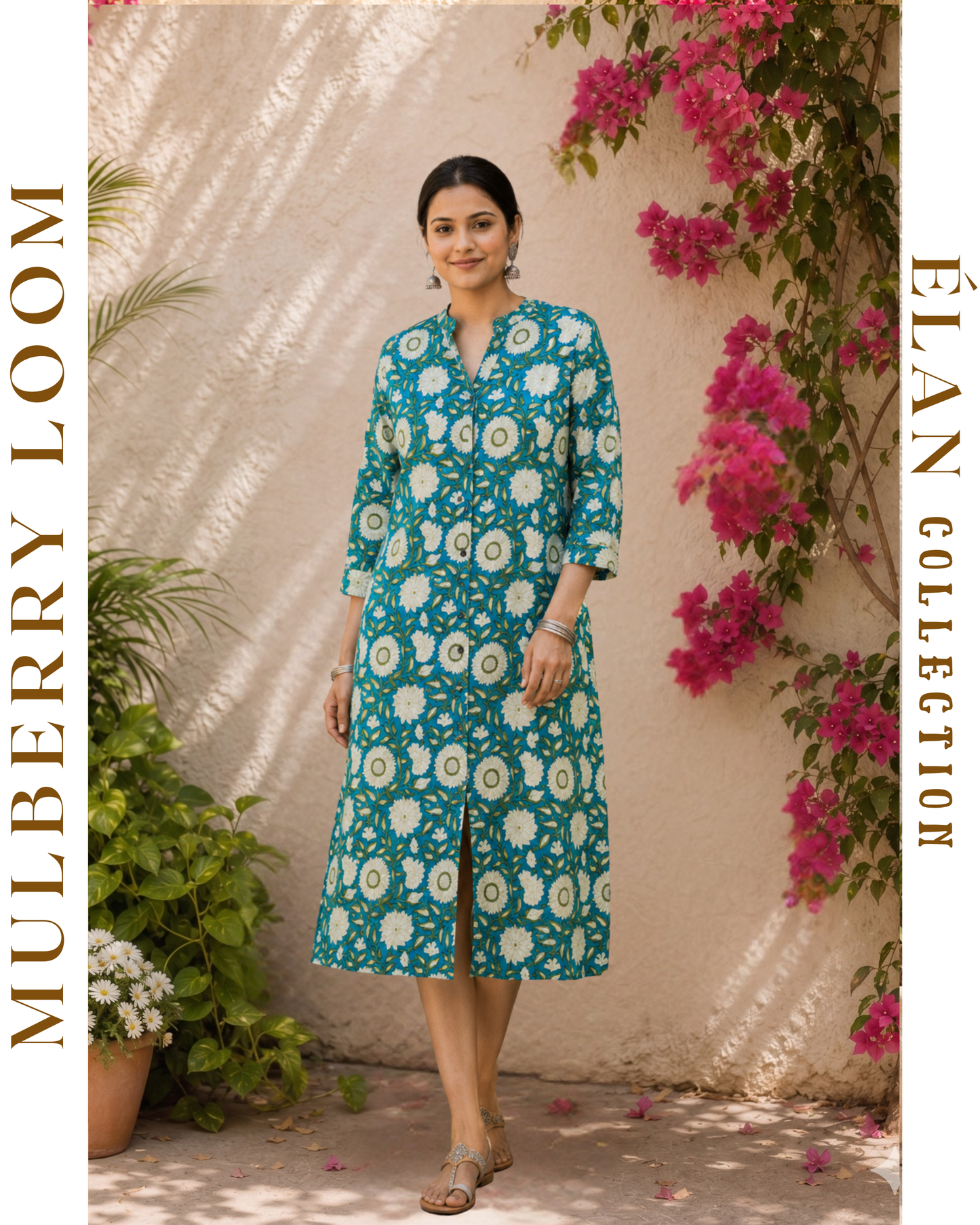 Élan Turquoise blue with Off-white Floral Motifs A-Line Dress
