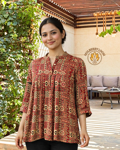 Ethereal Ajrakh Modal Red Short Top