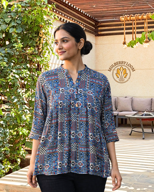 Ethereal Ajrakh Modal Blue Short Top