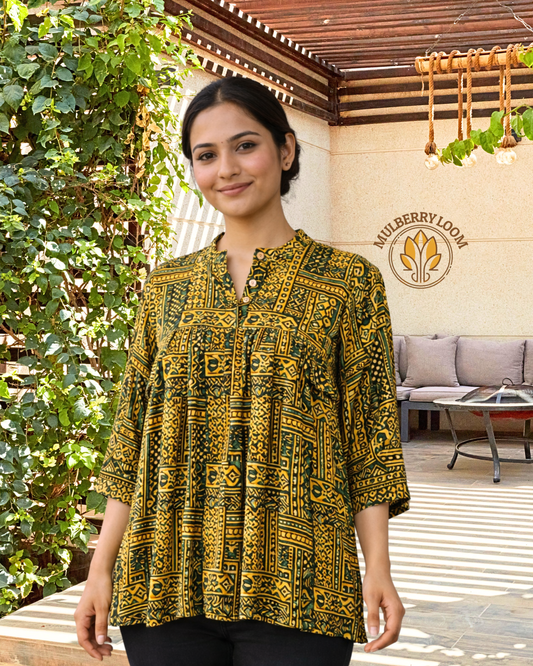 Ethereal Ajrakh Modal Yellow Short Top